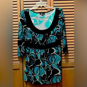 Medium, AB Studio, tunic in aqua, black, grey, silver swirls print.